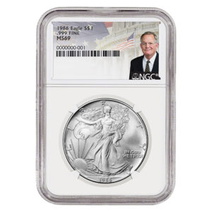 1986 Silver American Eagle MS69 Coin - David Ryder Label