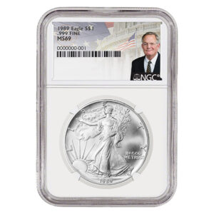 1989 Silver American Eagle MS69 Coin - David Ryder Label