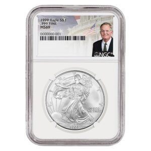 1999 Silver American Eagle MS69 Coin - David Ryder Label