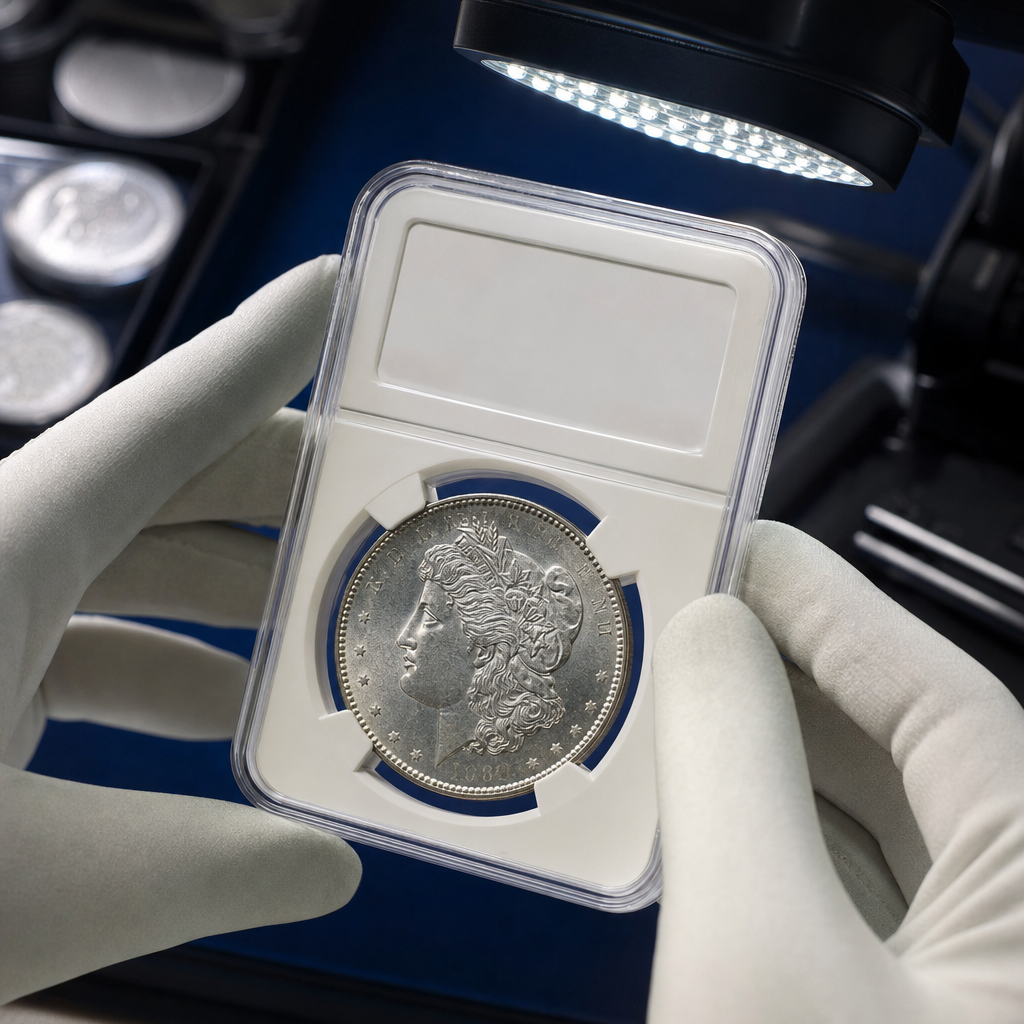 Professional inspection of certified silver coin in protective slab Professional inspection of certified silver coin in protective slab